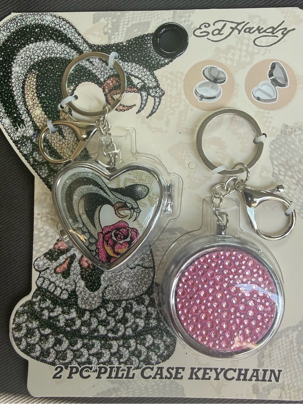 Ed Hardy Pink Heart & Round Rhinestone Keychain Pill Case Set